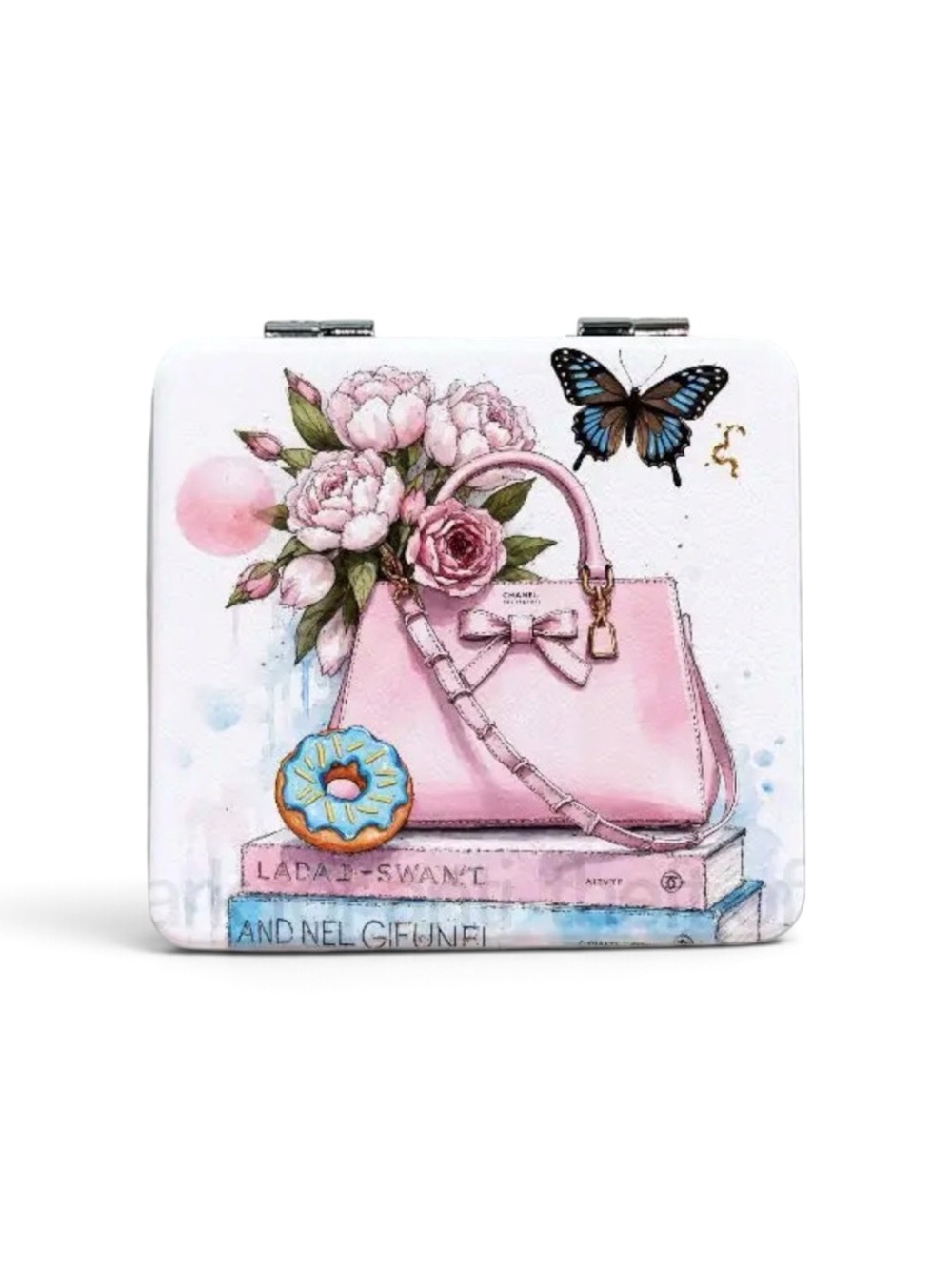 Pink Floral Handbag Art Compact Double Sided Mirror